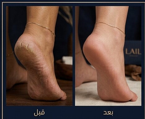 مقارنة قبل وبعد: كعب مشقق وناشف، ومن بعد نفس الكعب أملس ومرطب