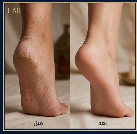 مقارنة قبل وبعد: تشققات عميقة فالكعب، ومن بعد مظهر أنعم