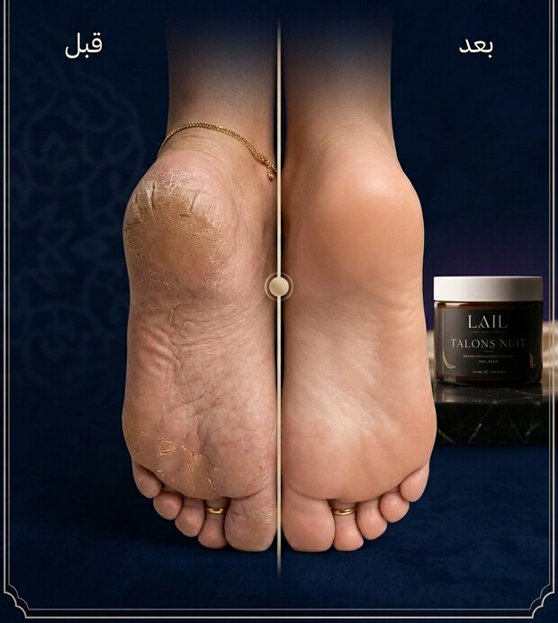 مقارنة قبل وبعد جنب بجنب: رجل مشققة وناشفة (قبل) ونفس الرجل ملساء ومرطبة (بعد)، حدا علبة LAIL Talons Nuit.