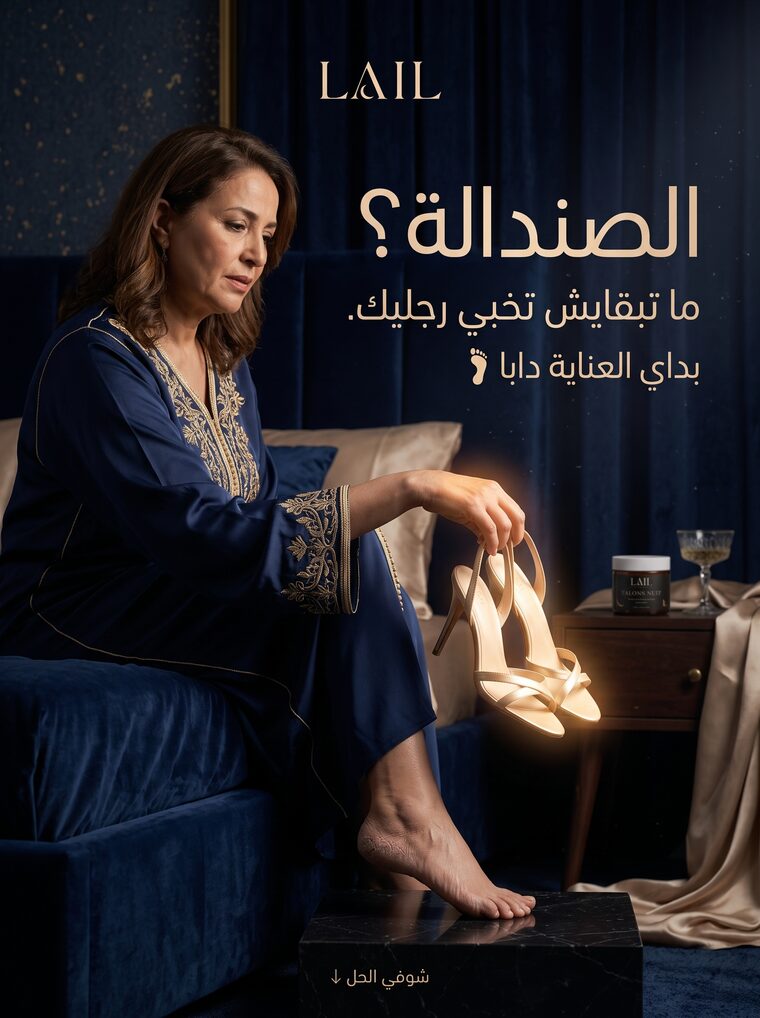 الصندالة؟ ما تبقايش تخبي رجليك، بداي العناية دابا — مرا لابسة قفطان كحل جالسة فوق أريكة وكتشوف فصندالة ذهبية، وكعبها مشقق باين.