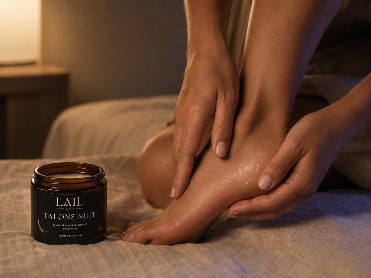 تدليك الكعب ببلسم Talons Nuit فوق فراش من الكتان، بإضاءة مصباح دافئة
